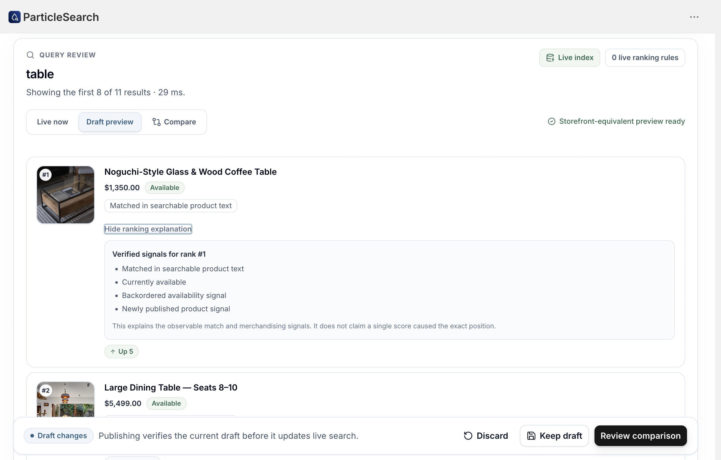 ParticleSearch ranking query review showing the explanation for a first result and matched searchable product evidence